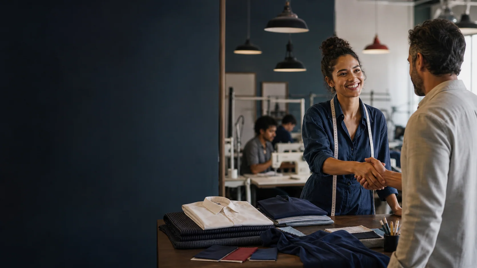 Atendimento próximo entre uma profissional da malharia e um cliente