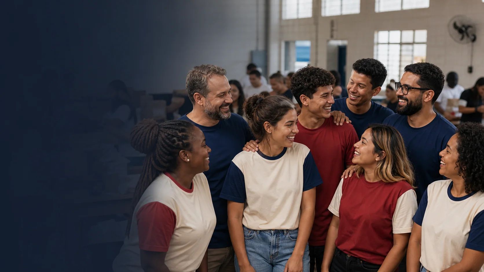 Grupo de comunidade reunido usando camisas coordenadas para um encontro