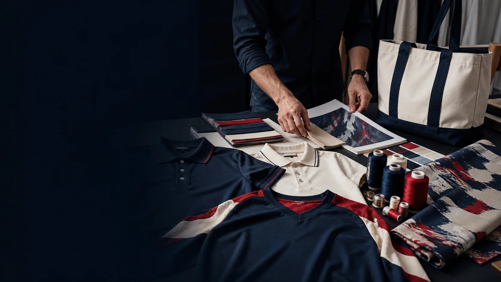 Mesa de desenvolvimento com uniformes, tecidos e materiais de personalização